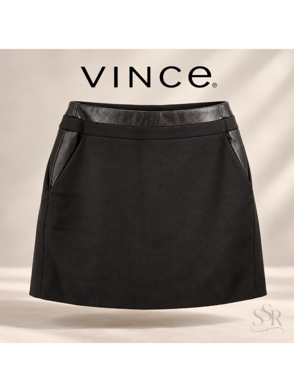 Vince Black Wool Leather Trim Mini Skirt Size 8 Lined Back Zip Pockets Classic